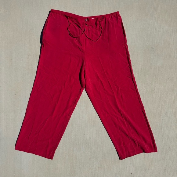 Amanda Smith 100% Silk Red Wide Leg Cropped Pants, Tie Waist, Size XL - Picture 1 of 5